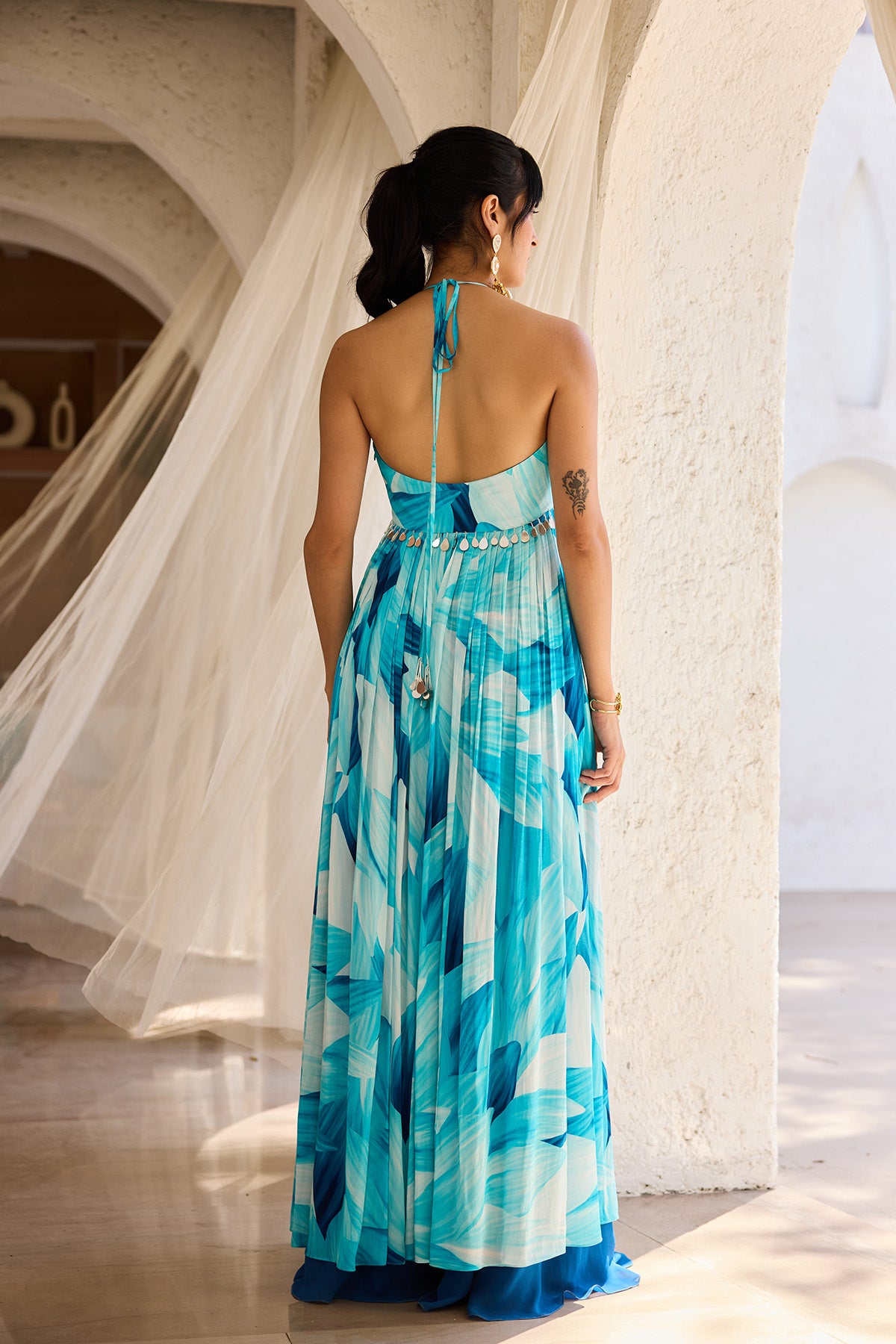 Breezy Blue Petal Printed Tunic Pant Set