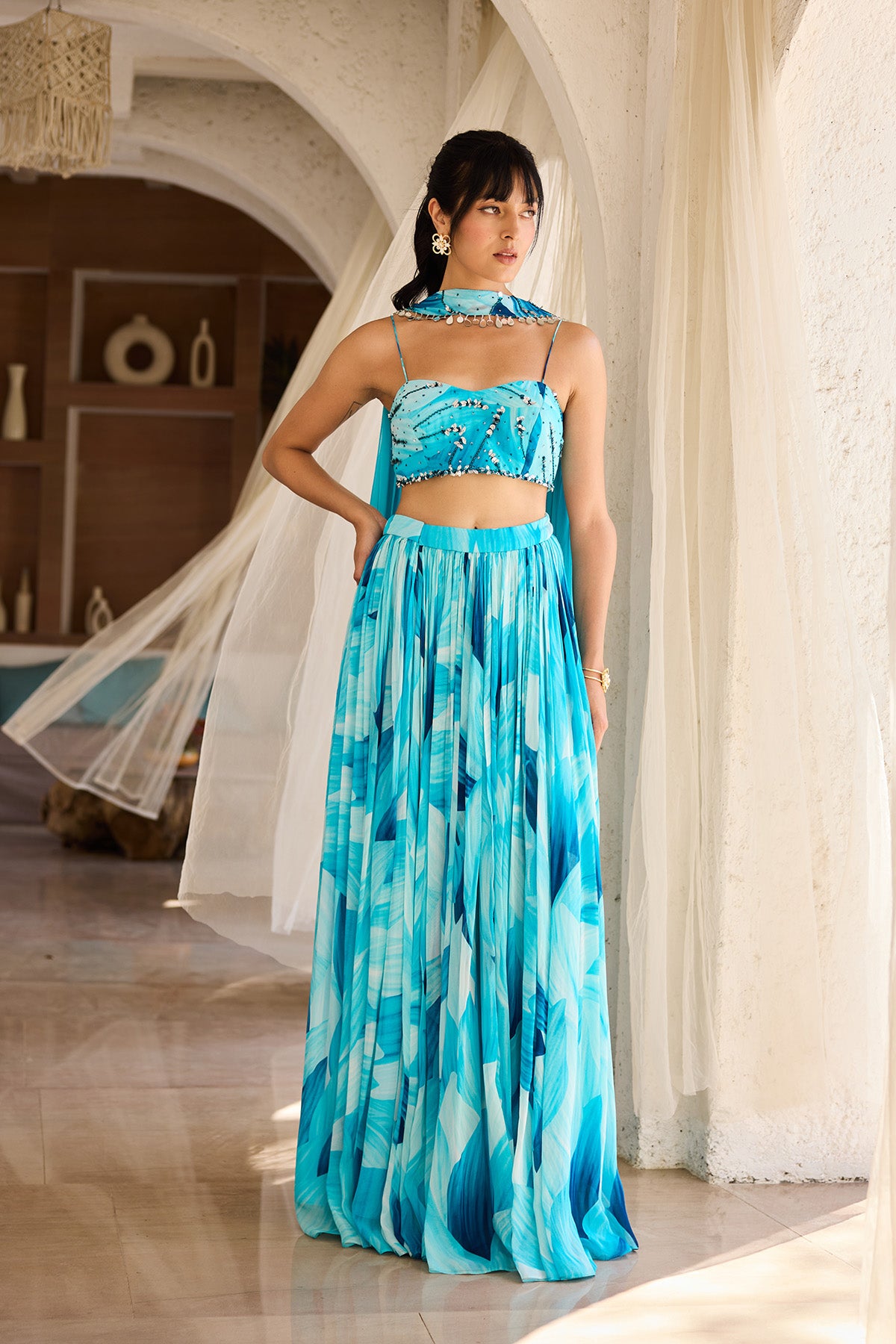 Breezy Blue Petal Printed Crop Top Skirt Set