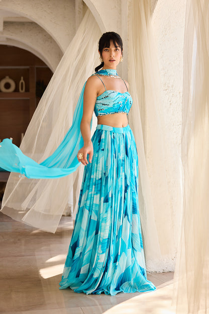 Breezy Blue Petal Printed Crop Top Skirt Set