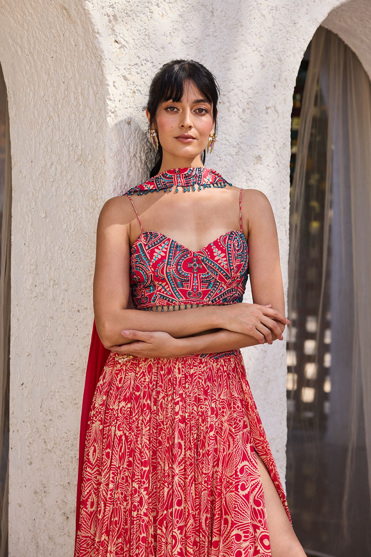 Pink Asymmetric Printed Crop Top Skirt Set