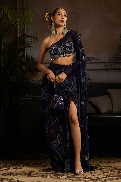 Dark Blue Print and Highlighted Crop Top with Skirt