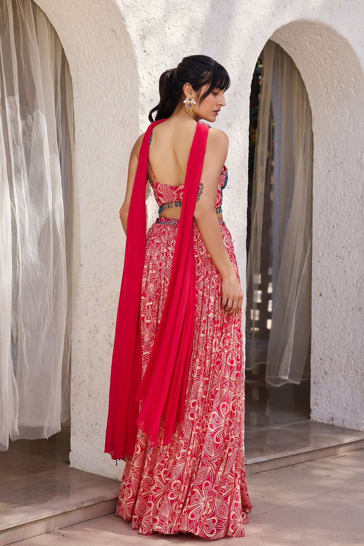 Pink Asymmetric Printed Crop Top Skirt Set