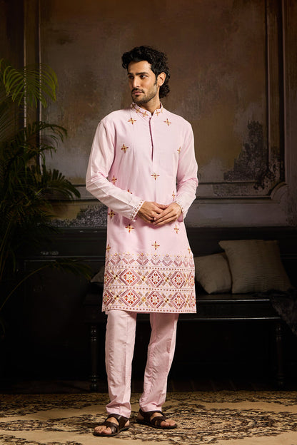 BLUSH PINK  TRIBLE EMBROIDERED KURTA PAIRED WITH BLUSH PINK PANTS