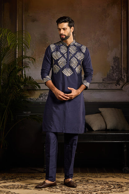 DARK BLUE  EMBROIDERED KURTA PAIRED WITH DARK BLUE PANTS