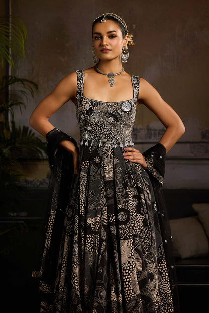 Black Print and Highlighted Anarkali Set