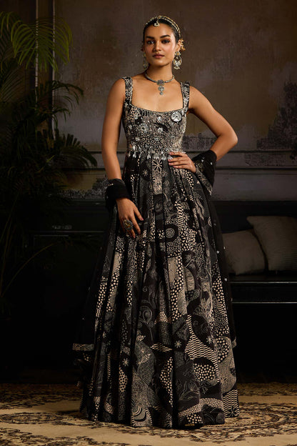 Black Print and Highlighted Anarkali Set