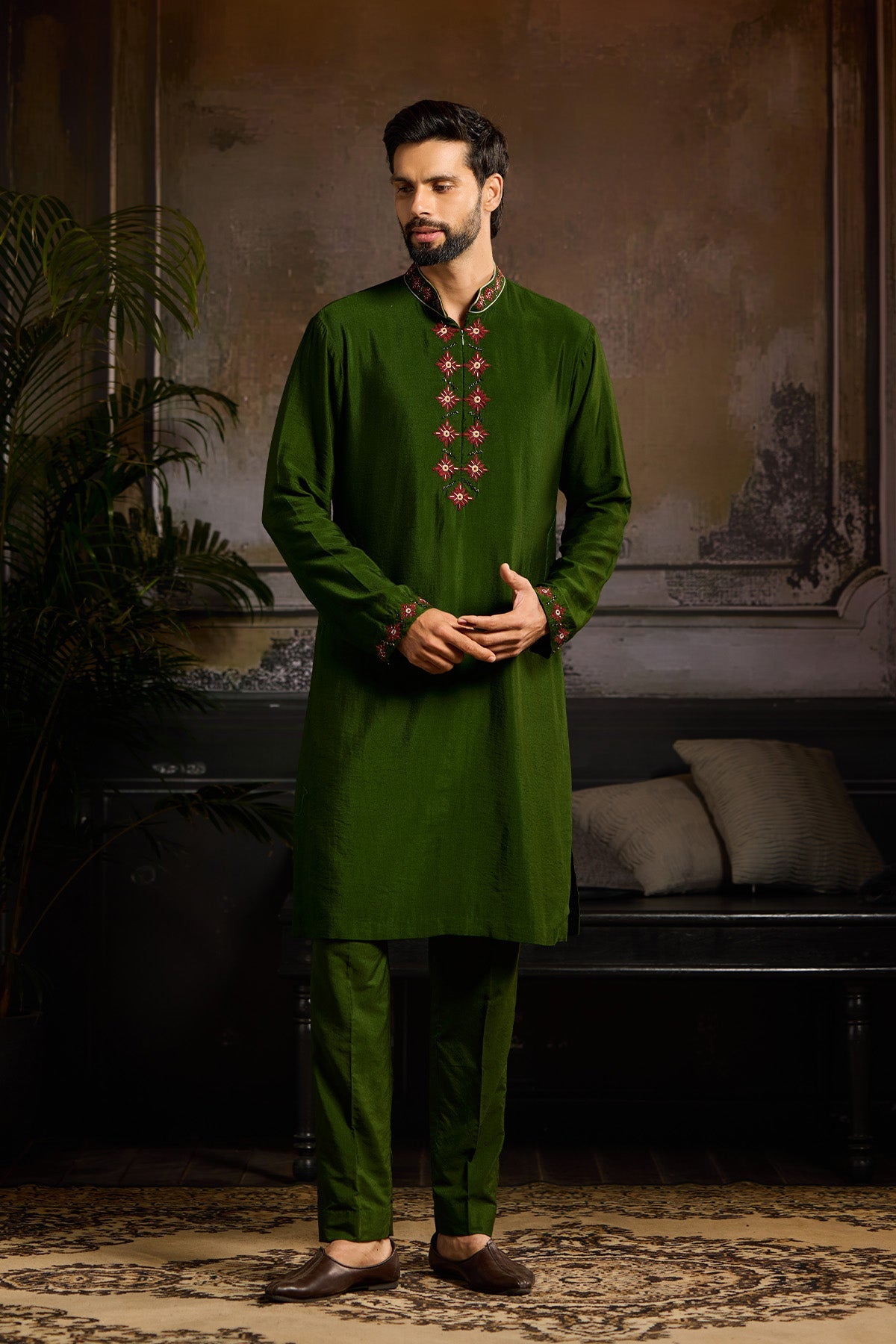 OLIVE GREEN EMBROIDERED KURTA  PAIRED WITH OLIVE GREEN PANTS
