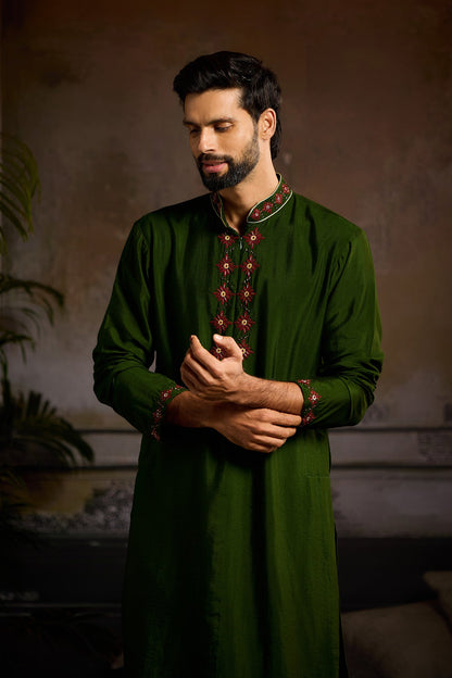 OLIVE GREEN EMBROIDERED KURTA  PAIRED WITH OLIVE GREEN PANTS