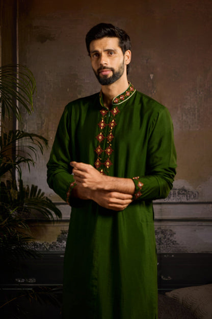 OLIVE GREEN EMBROIDERED KURTA  PAIRED WITH OLIVE GREEN PANTS