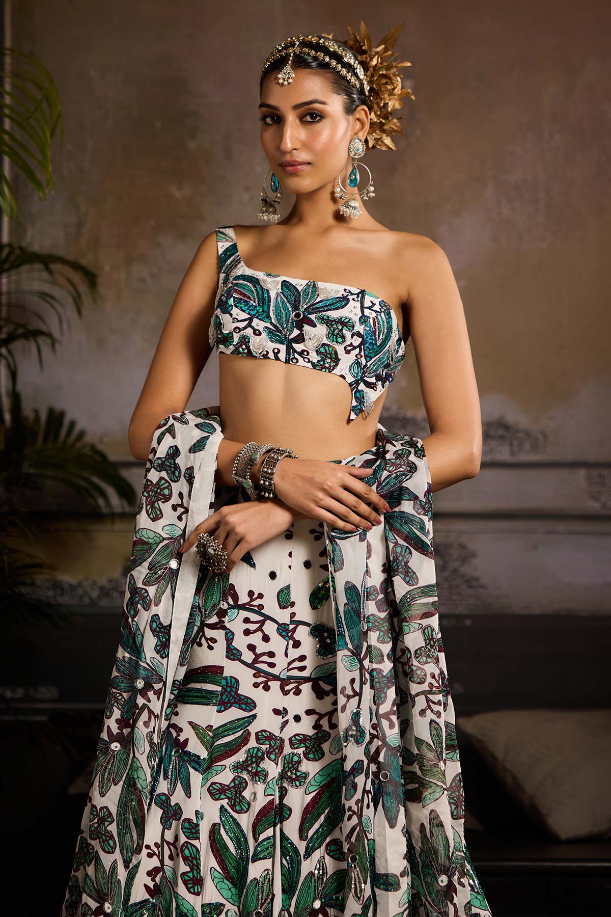 White and Teal Print and Highlighted Lehenga Set