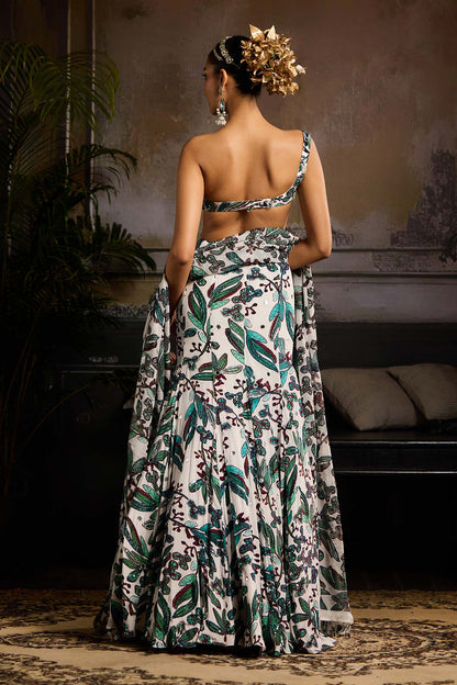White and Teal Print and Highlighted Lehenga Set
