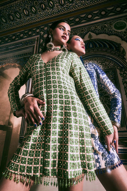 SAGE GREEN GRID PRINT & HIGHLIGHTED DRESS