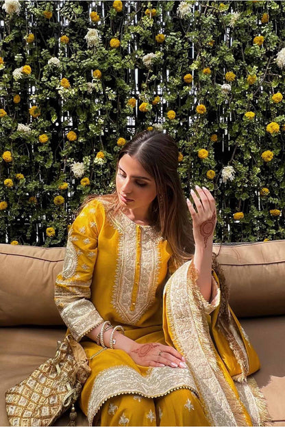 Muskan Chanana in Raina - Glaze Mustard Short Kurta with Sharara and Odhni