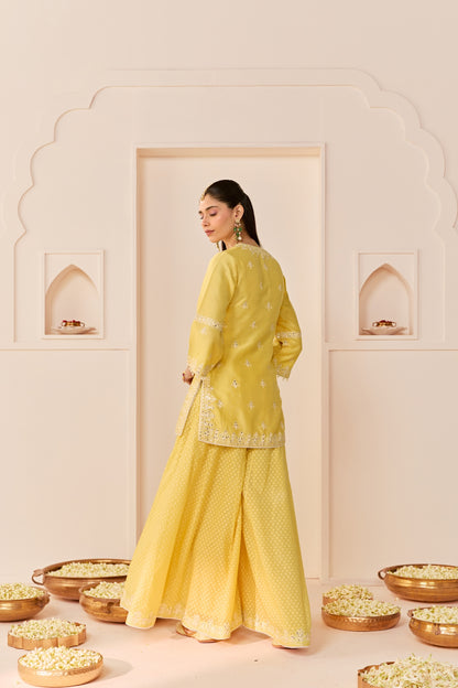 REHMA - LEMON YELLOW SHORT KURTA WITH SHARARA AND DUPATTA