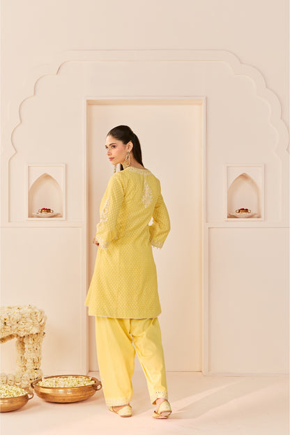 REEM - LEMON YELLOW SHORT CHOGA WITH DOGRI SALWAR AND DUPATTA