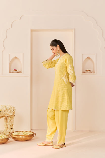 REEM - LEMON YELLOW SHORT CHOGA WITH DOGRI SALWAR AND DUPATTA