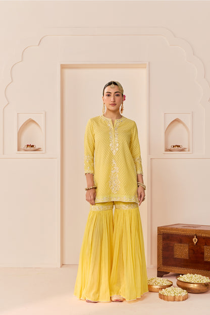YASNEEN - LEMON YELLOW SHORT KURTA WITH GARARA AND DUPATTA