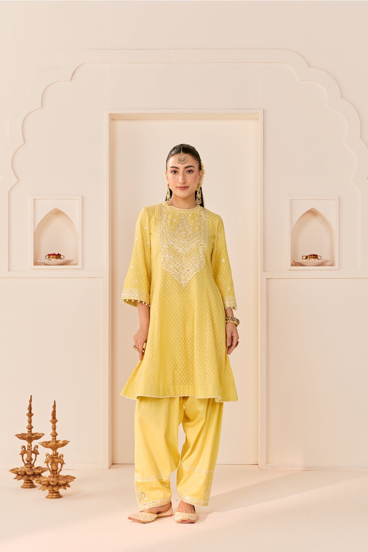 NIDA - LEMON YELLOW  SHORT CHOGA WITH FARSHI SALWAR AND DUPATTA