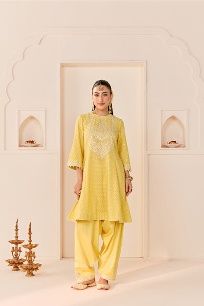 NIDA - LEMON YELLOW  SHORT CHOGA WITH FARSHI SALWAR AND DUPATTA