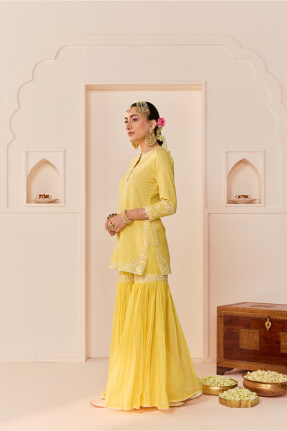YASNEEN - LEMON YELLOW SHORT KURTA WITH GARARA AND DUPATTA