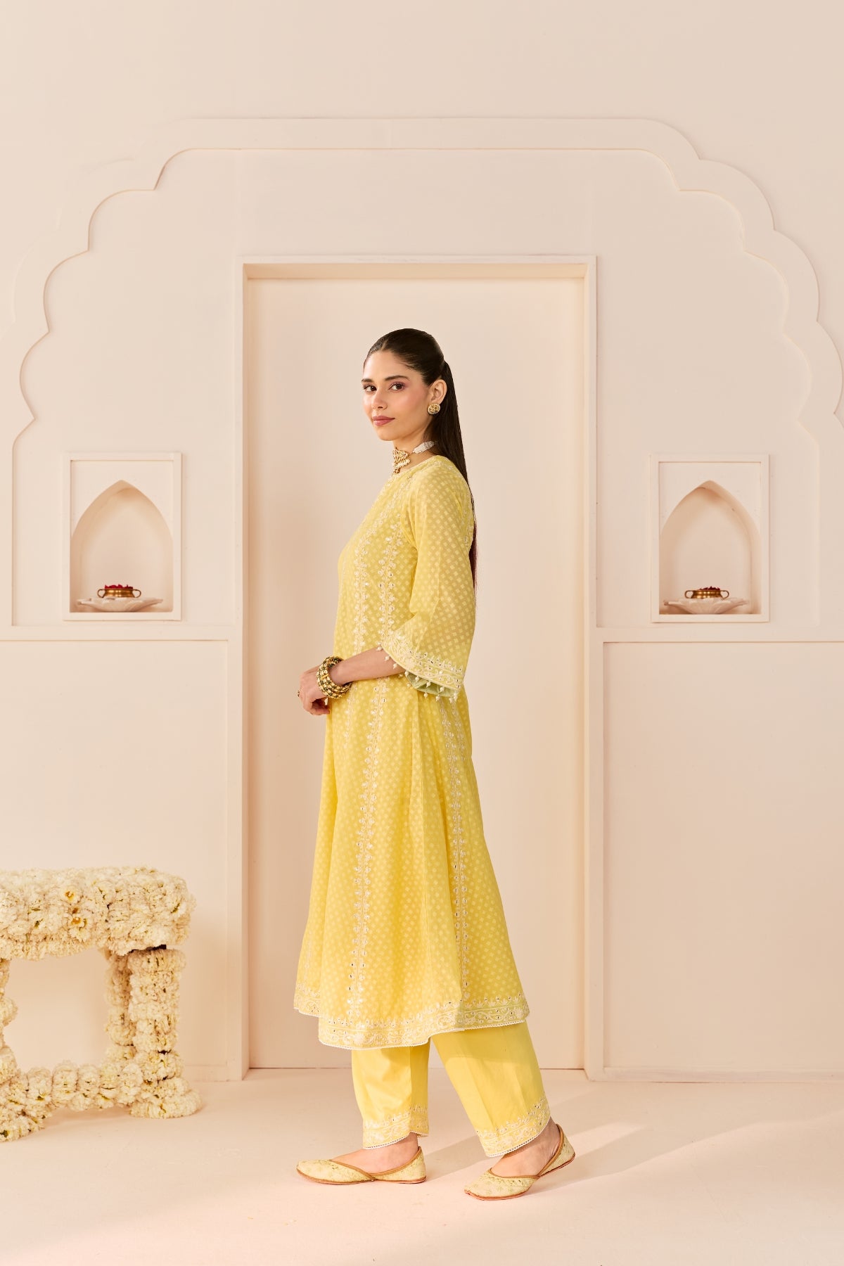 FIRDAUS -LEMON YELLOW LONG KALIDAAR CHAUGA WITH DOGRI SALWAR AND DUPATTA