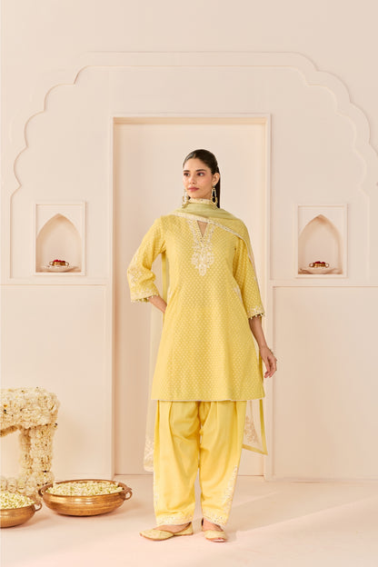 REEM - LEMON YELLOW SHORT CHOGA WITH DOGRI SALWAR AND DUPATTA