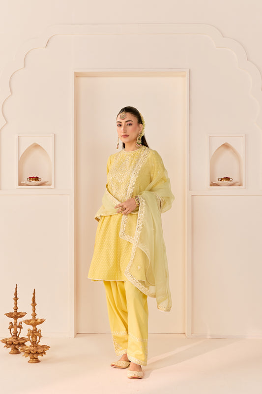 NIDA - LEMON YELLOW  SHORT CHOGA WITH FARSHI SALWAR AND DUPATTA