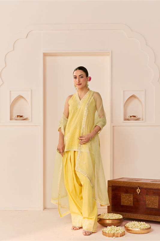 MIRAL - LEMON YELLOW SHORT KURTA WITH FARSI SALWAR AND DUPATTA