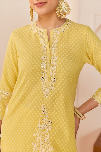 YASNEEN - LEMON YELLOW SHORT KURTA WITH GARARA AND DUPATTA