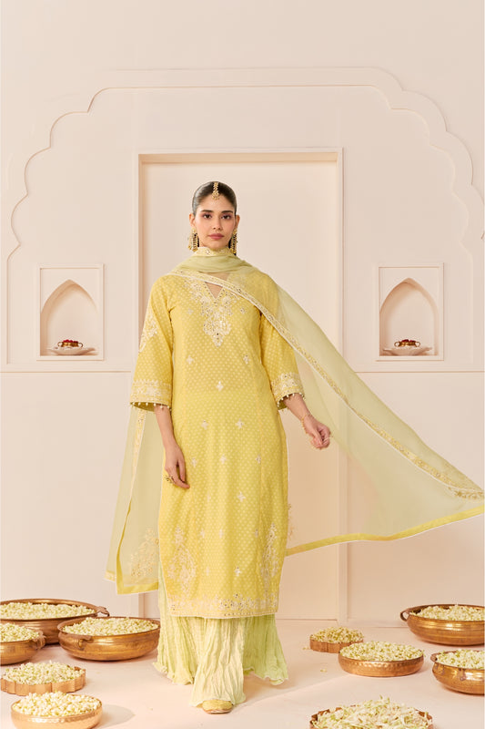RUHANI - LEMON YELLOW LONG KURTA WITH SKIRT AND DUPATTA