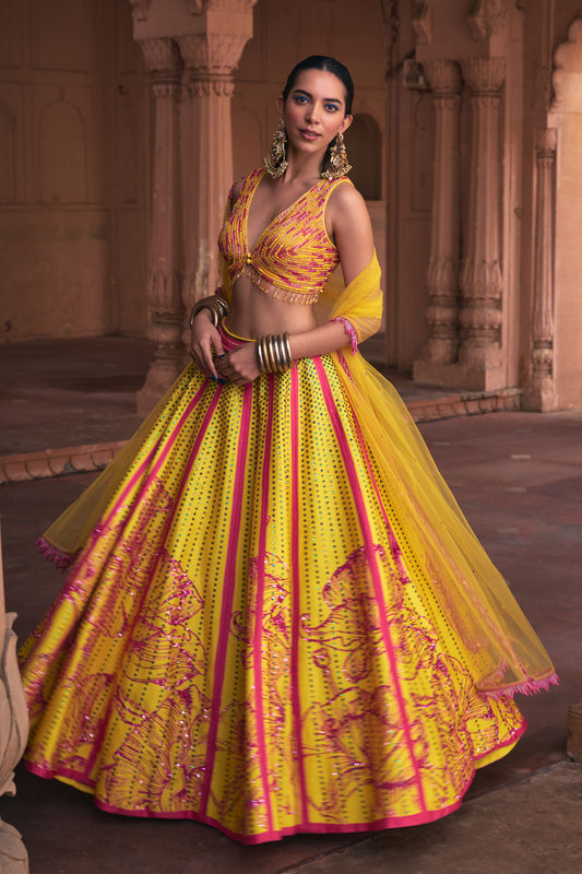 YELLOW BIG FLORAL PRINT & EMBROIDERED LEHENGA SET
