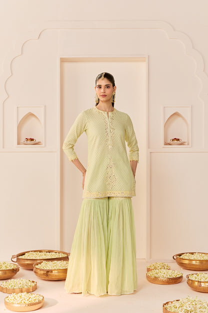 YASNEEN - MINT GREEN SHORT KURTA WITH GARARA AND DUPATTA