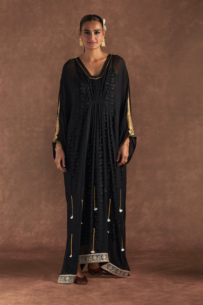 Black Gota Embroidered Kaftan With Slip