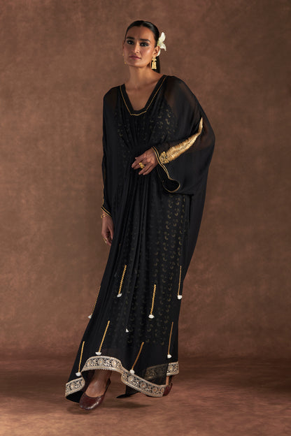 Black Gota Embroidered Kaftan With Slip