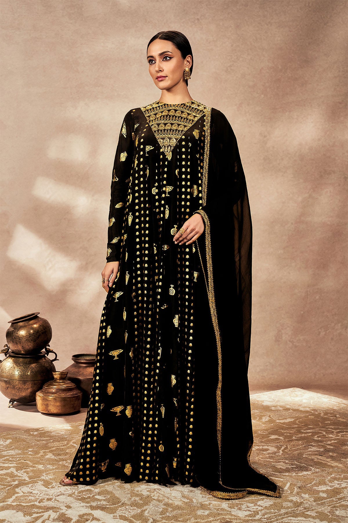 Neena Gupta In Black Gold Potters Touch Anarkali Set
