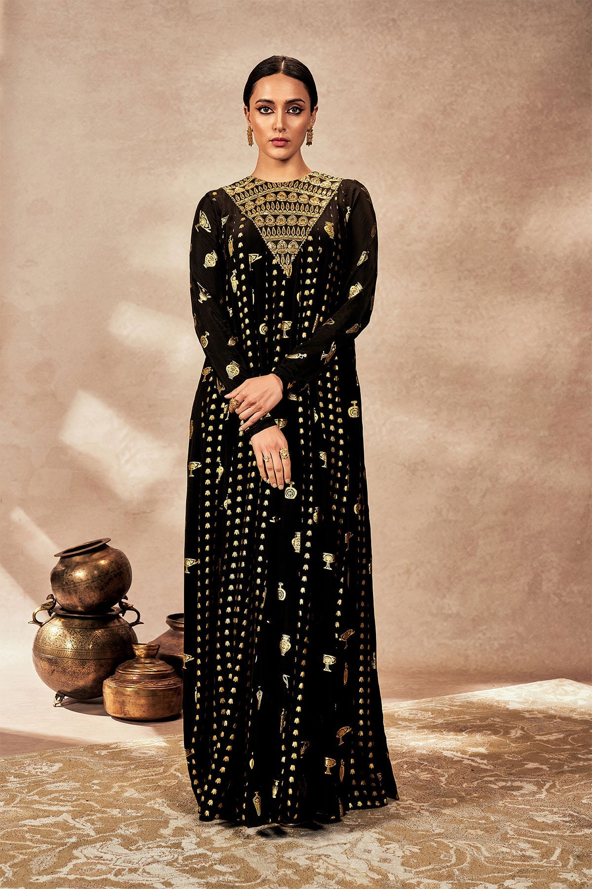 Neena Gupta In Black Gold Potters Touch Anarkali Set