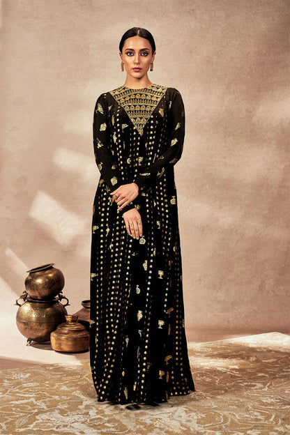 Neena Gupta In Black Gold Potters Touch Anarkali Set