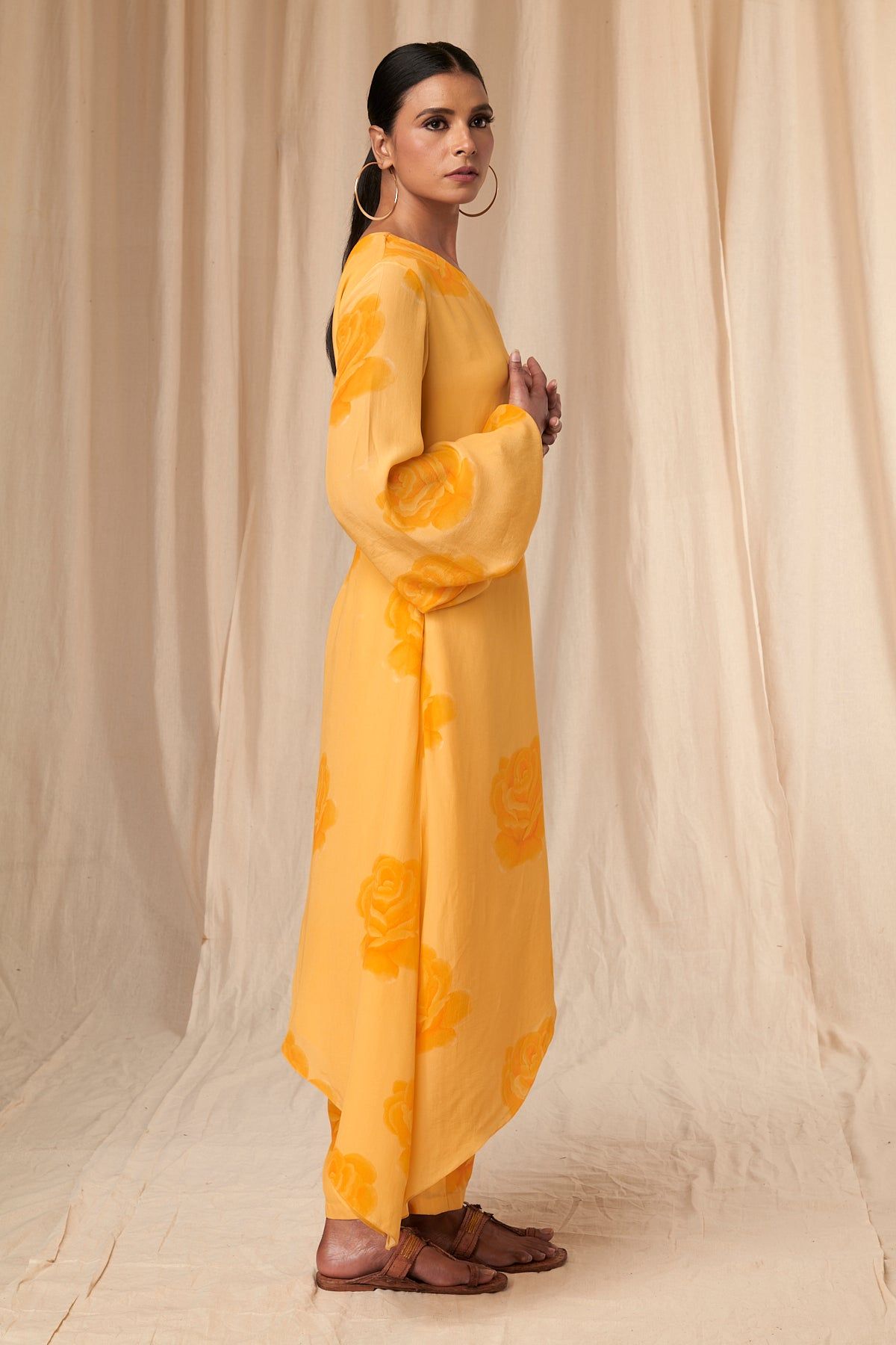 Pollen Yellow Rosy One Shoulder Kaftan Dress Set