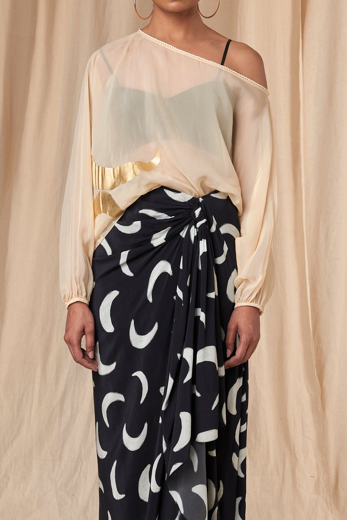 Black And Ivory Mooncrest One Shoulder Poncho with Drape Skirt Set