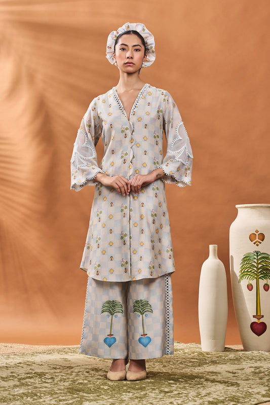 POWDER BLUE CHECKERS BLOOM TUNIC SET
