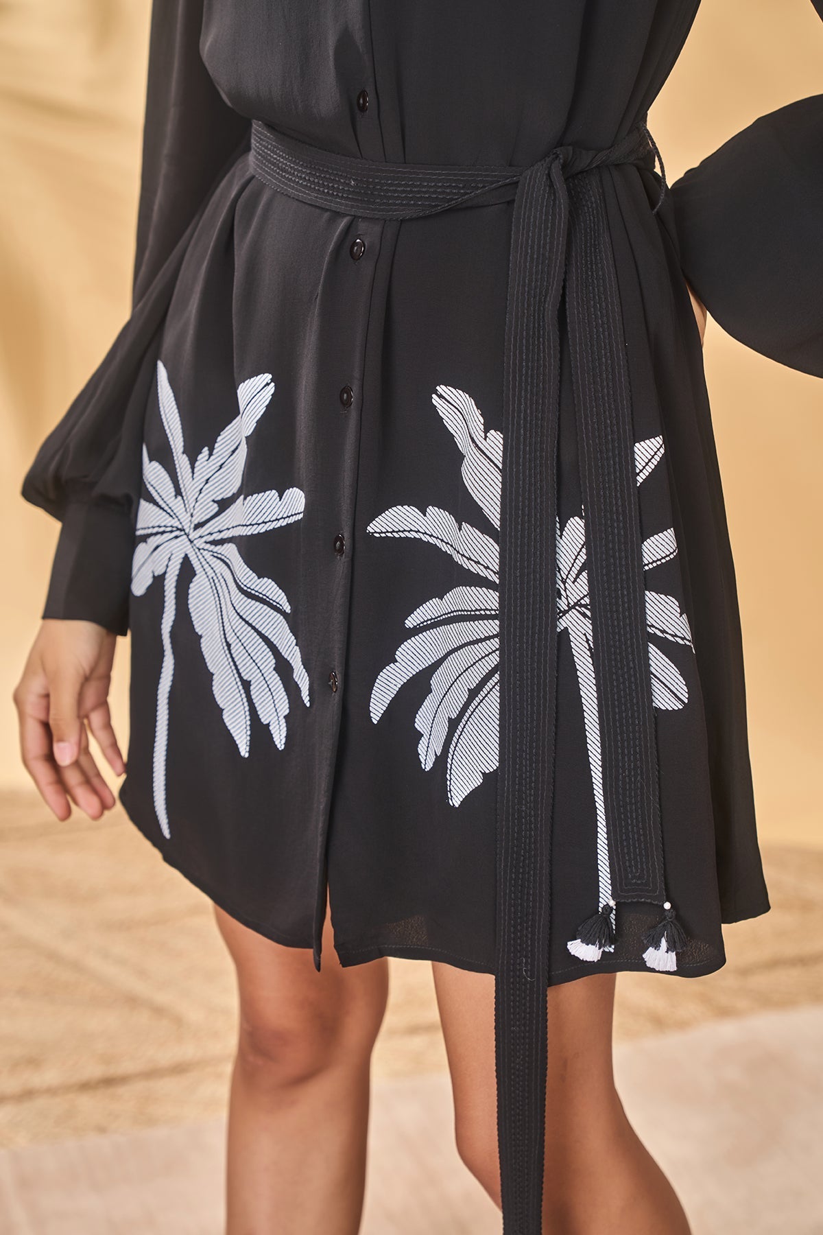 Black Trellis Palm  Khadi Shirt Dress