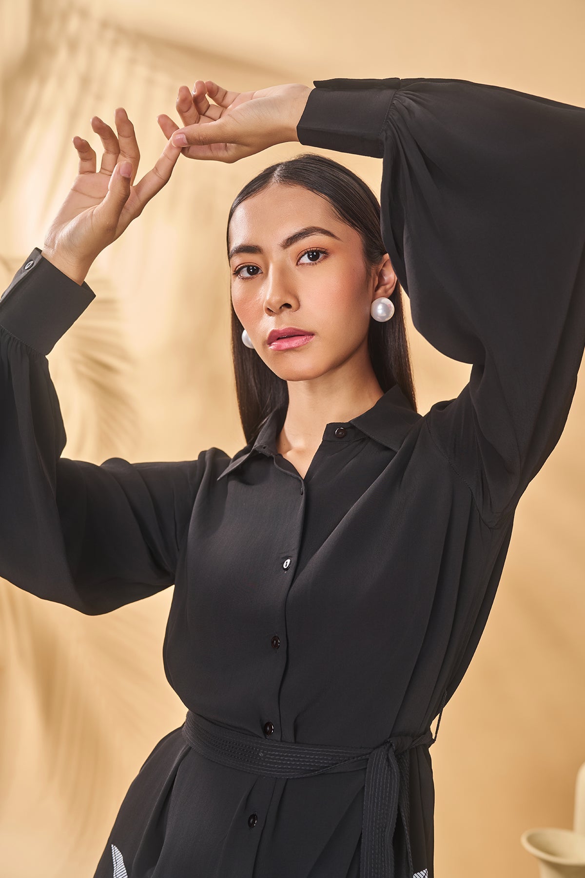 Black Trellis Palm  Khadi Shirt Dress