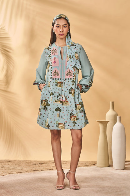 Blue Miniature Dreams Embroidered Mini Dress