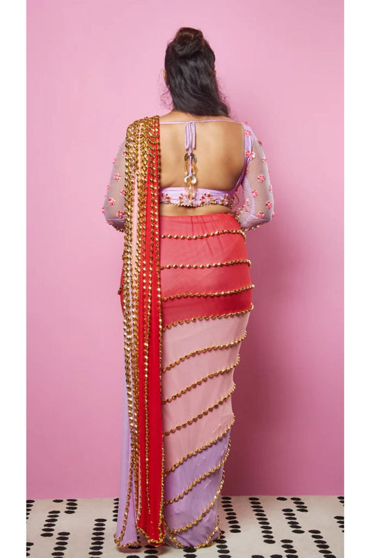 Multi-Colored Embellished Pre-Stiched Saree Set
