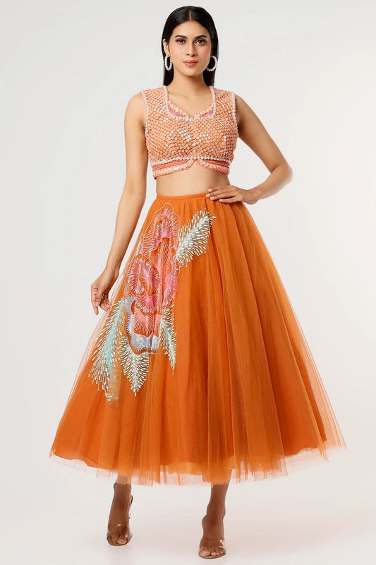 Brick Brown Embroidered Lehenga Set