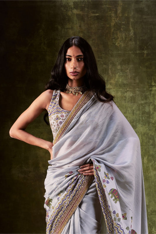 Grey Printed Dori & Zardozi Work Saree