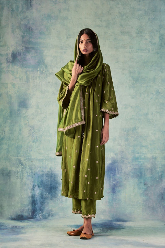 Olive Green Silk Anarkali Set