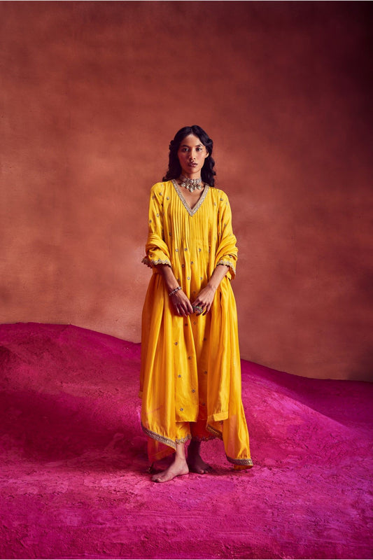 Yellow Silk Anarkali With Pants & Dupatta