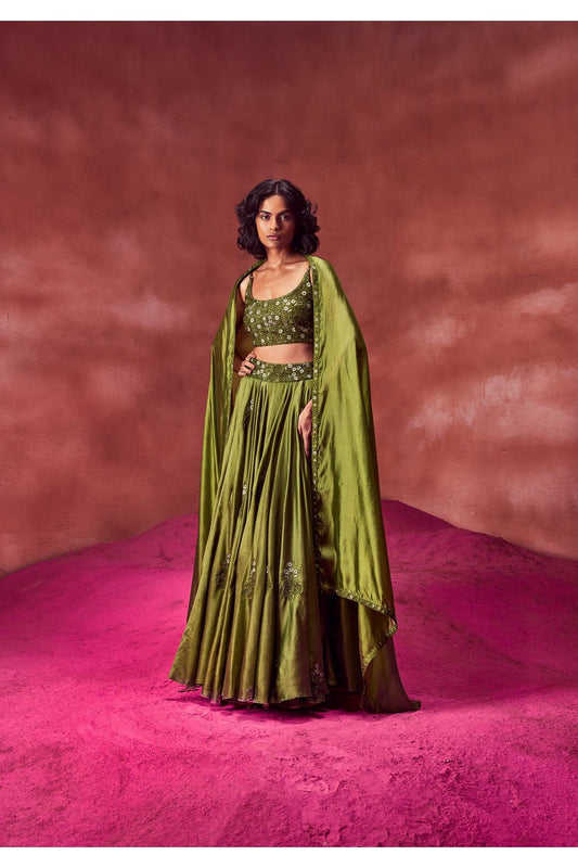 Olive Green Resham Work Lehenga With Blouse & Dupatta