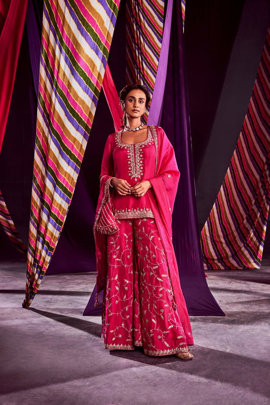 Rani pink Short Kurti With Sharara & Dupatta